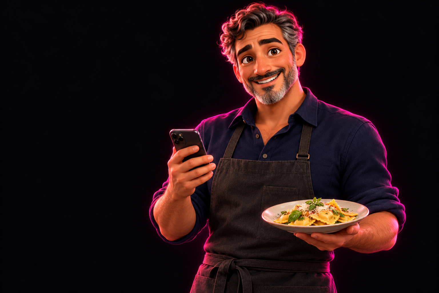 Un restaurador con su móvil y un plato de raviolis, en estilo animación 3D